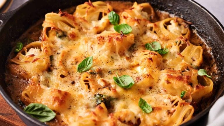 A cast iron skillet filled with baked stuffed pasta shells, topped with melted cheese, black pepper, and fresh basil leaves.