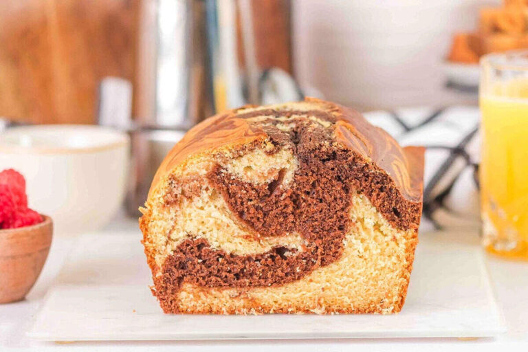 A loaf of bread with a swirl of chocolate and vanilla.