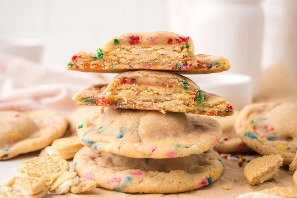 A stack of large, thick cookies with colorful sprinkles inside, some broken in half to show their soft interior, surrounded by more cookies and cookie pieces on parchment paper.