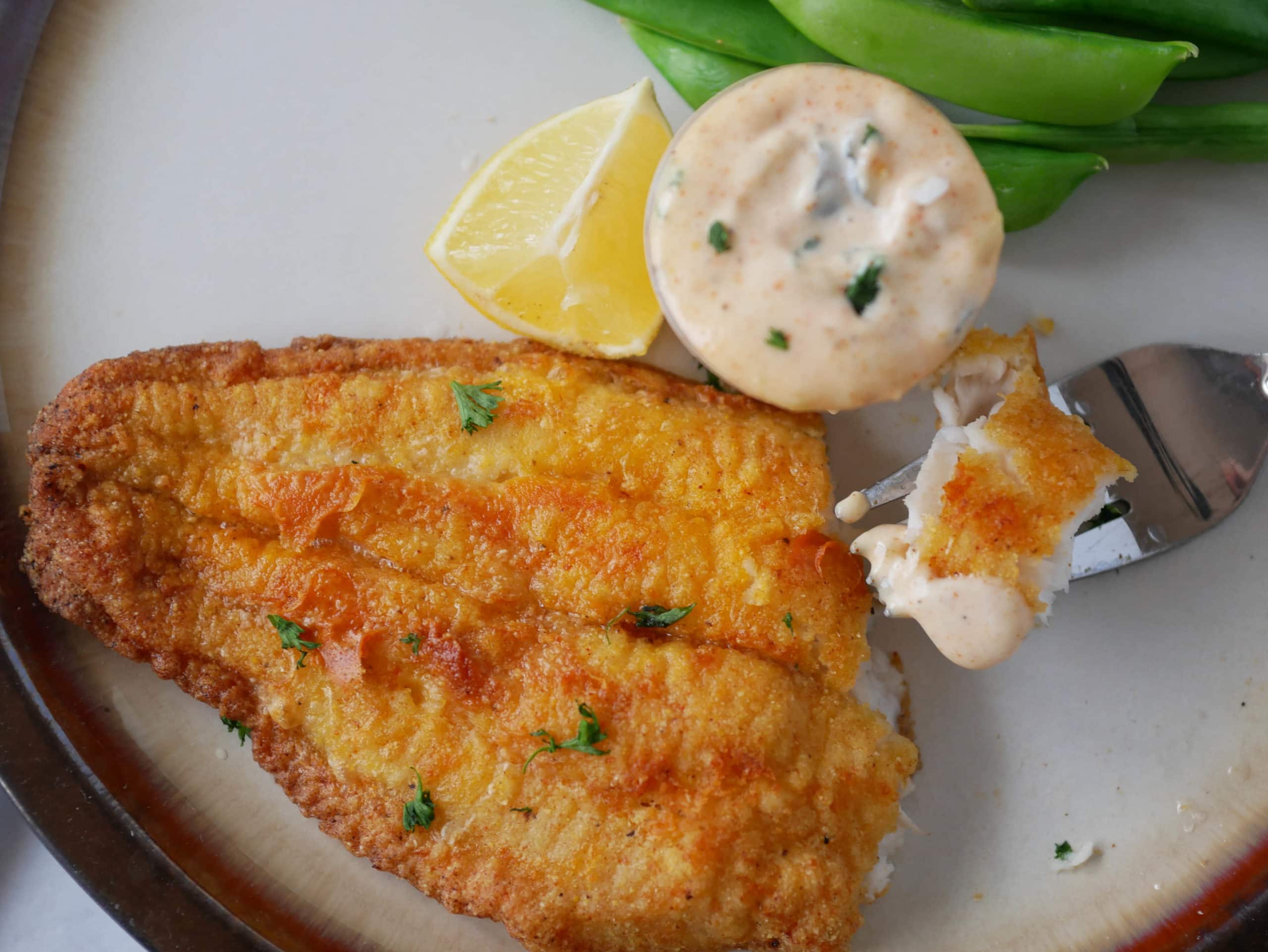 Catfish fillet with cornmeal breading topped with herbs and served with spicy tartar sauce.