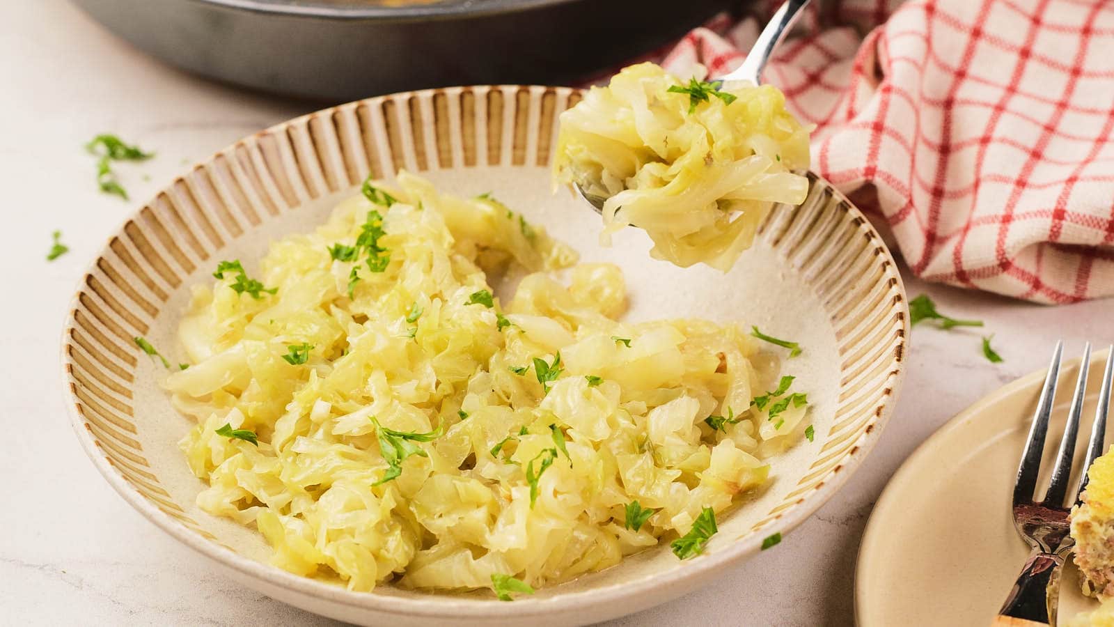 Braised cabbage in bowl with spoon.