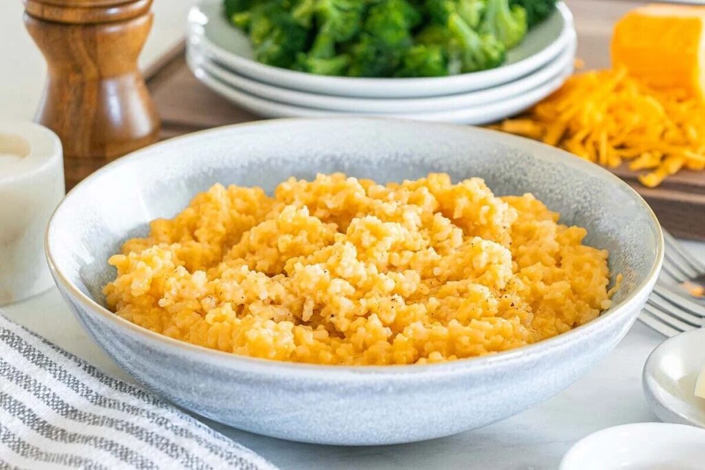 A bowl of cheesy rice sits on a table, with a plate of broccoli, shredded cheese, and a pepper grinder in the background.