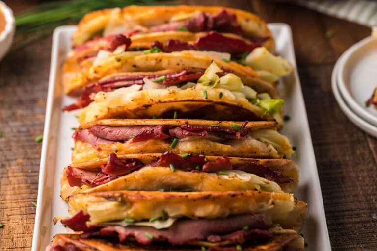 Irish inspired tacos on a platter.