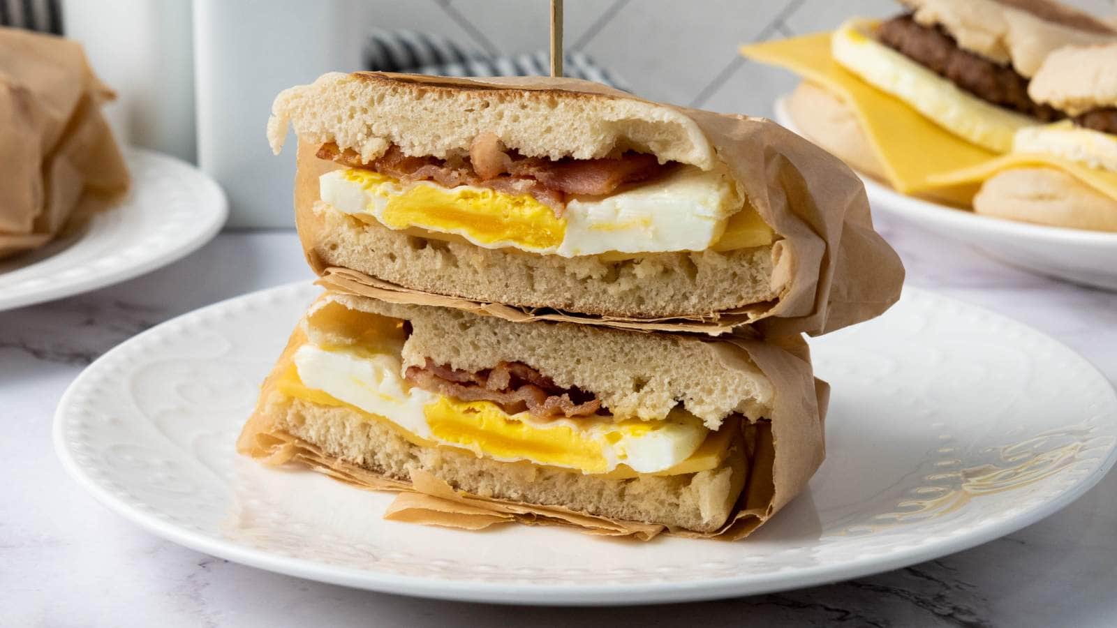 A hand holds a breakfast sandwich cut in half, showing layers of egg, bacon, and cheese between halves of an English muffin.