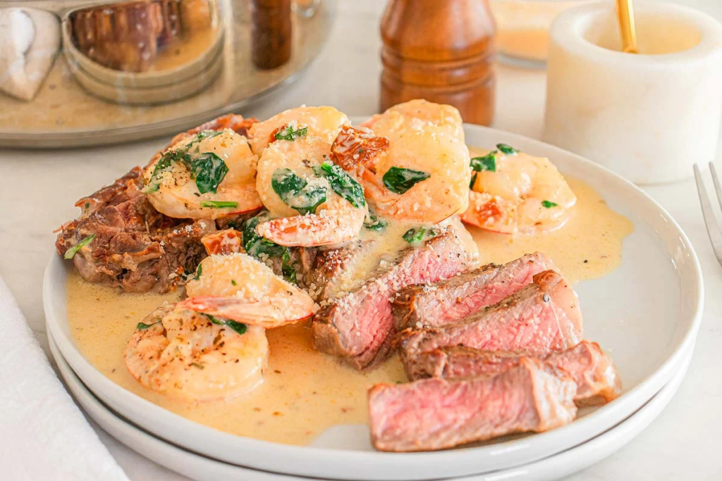 A plate with sliced steak and shrimp in creamy "marry me" sauce, elegantly garnished with fresh greens.