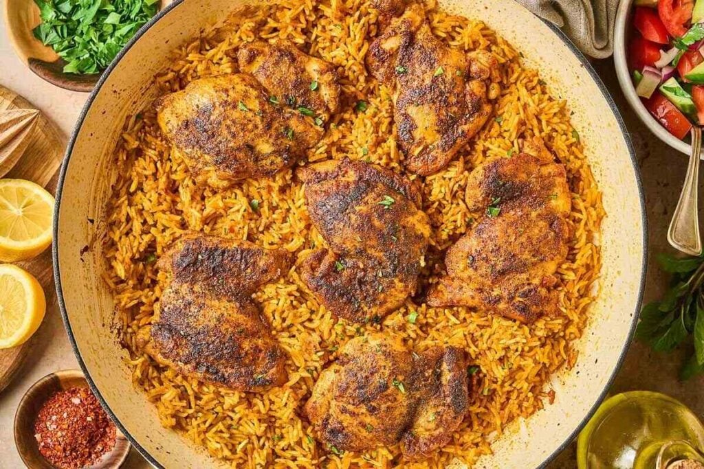 A pan filled with seasoned baked chicken thighs on a bed of spiced yellow rice, surrounded by lemon slices, herbs, and a tomato cucumber salad.