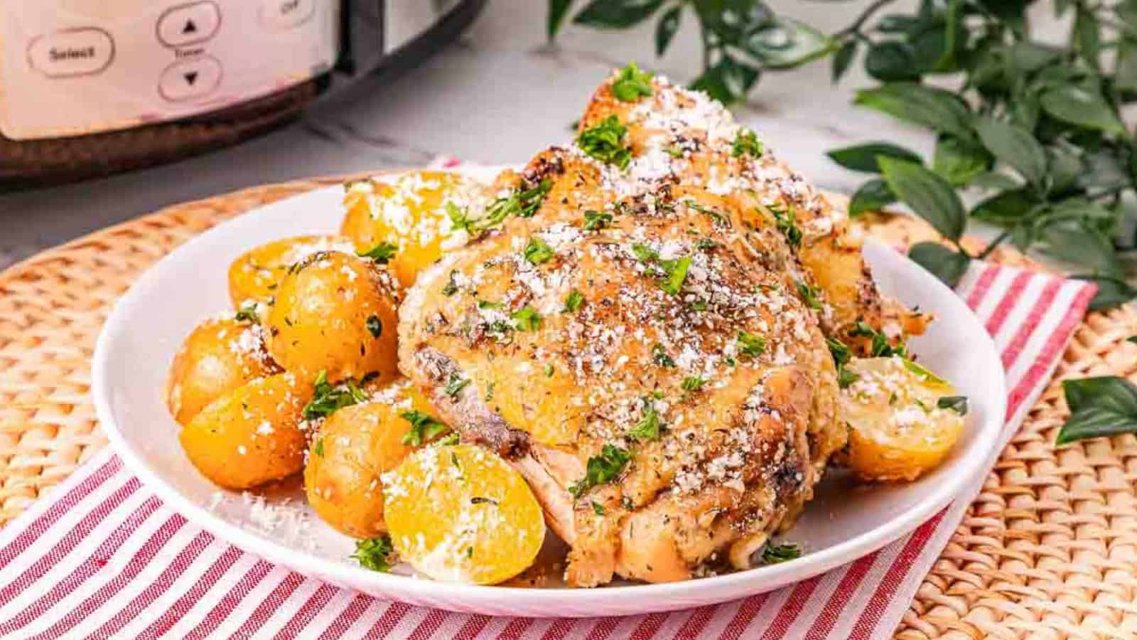 A plate of roasted chicken and baby potatoes, garnished with herbs and grated cheese, on a red-striped napkin.