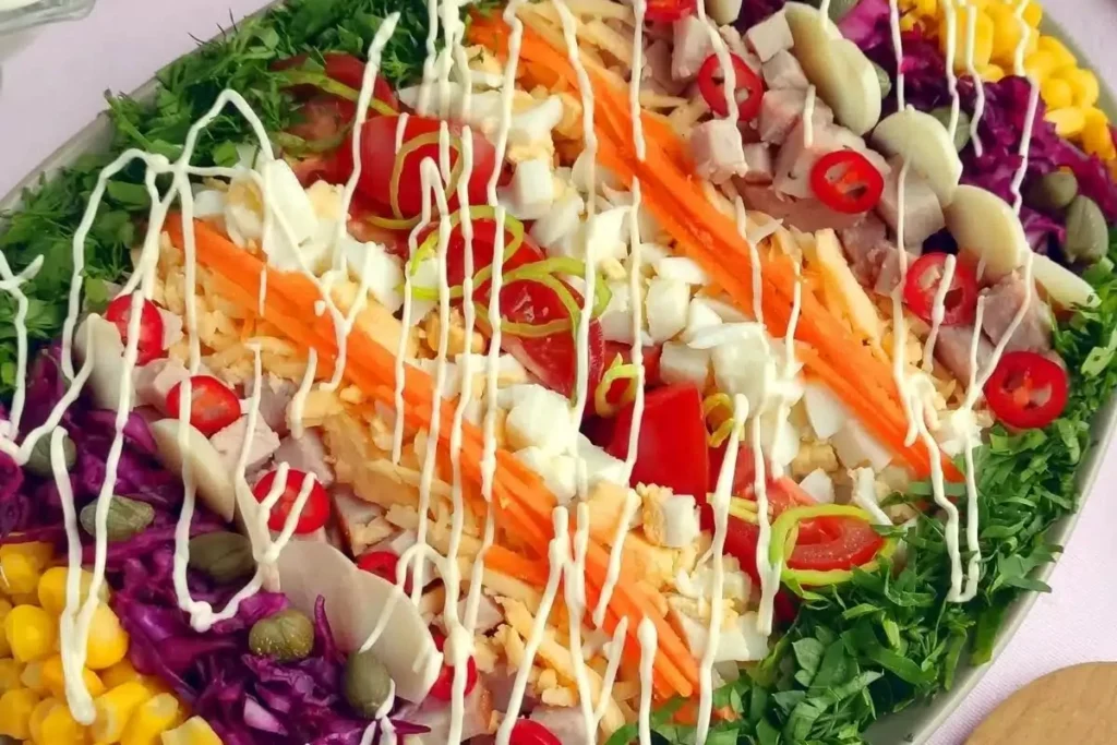 Easter egg–shaped layered salad decorated with colorful vegetables and toppings.