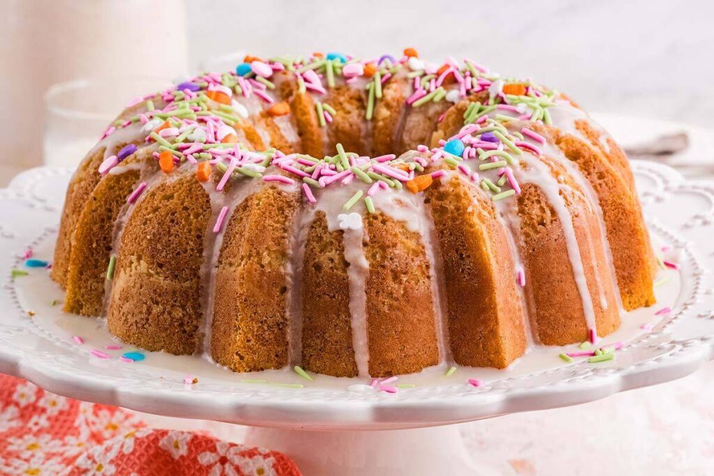 An Italian Easter Cake, is adorned with colorful sprinkles and elegantly presented on a white plate with a patterned edge.
