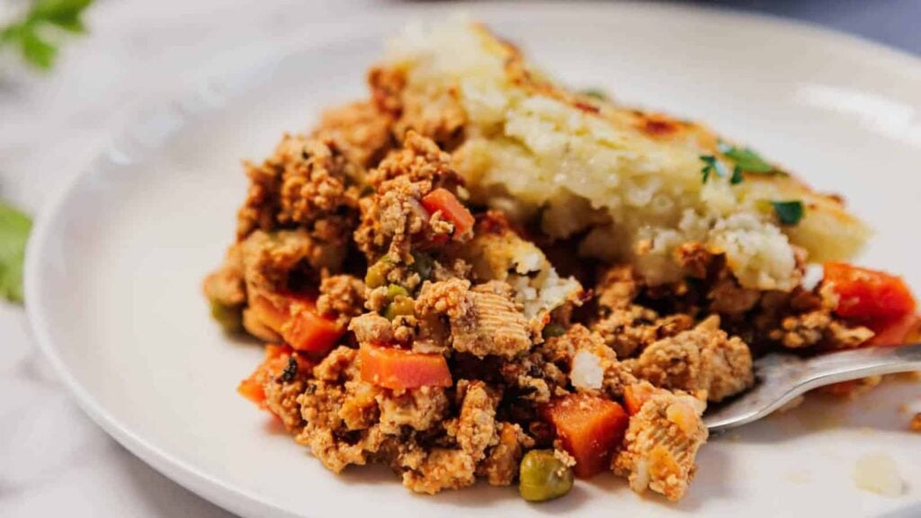 Vegetarian Shepherd's Pie on a white plate.