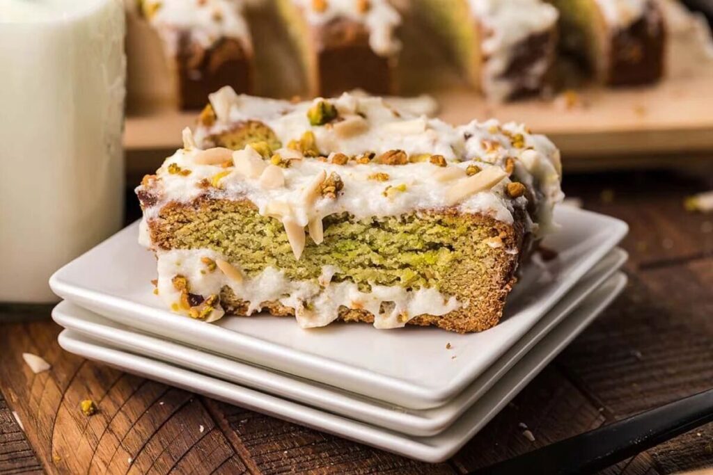 Pistachio pudding coffee cake on a plate with icing.