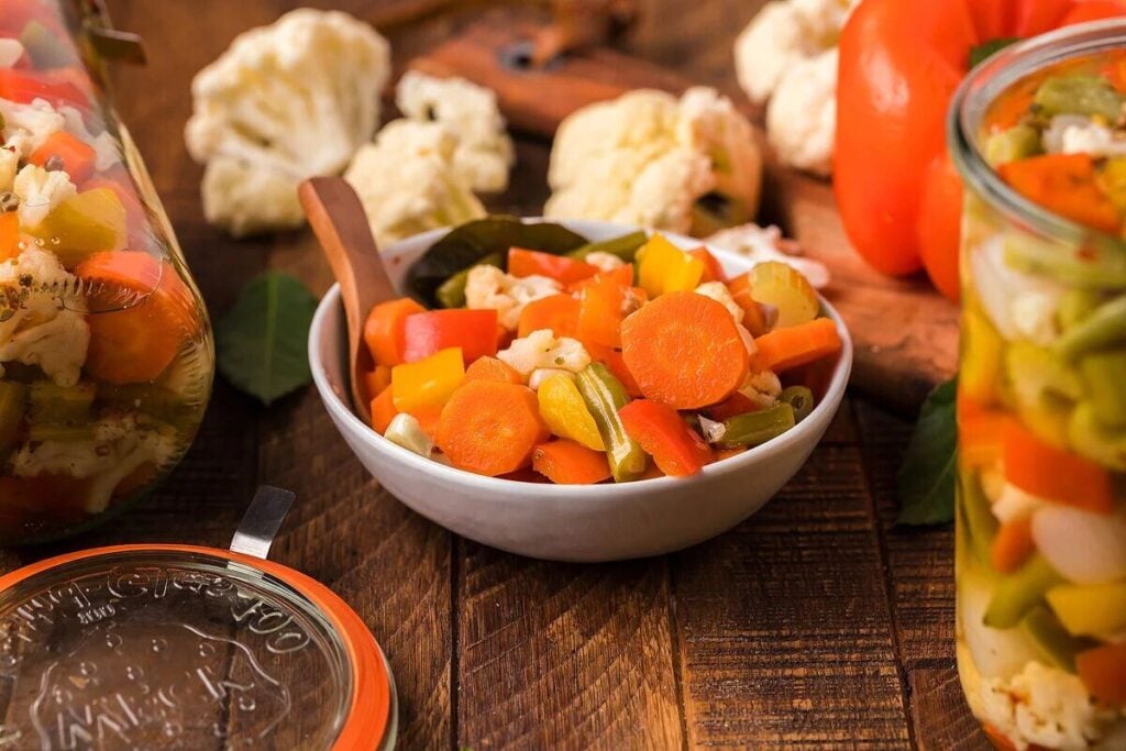 Homemade giardiniera in a small white bowl.