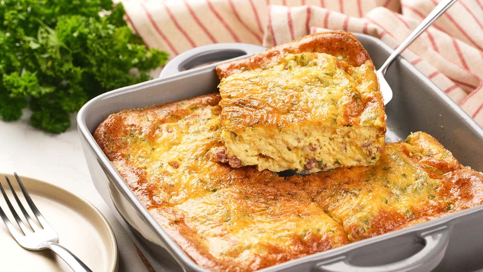 Baked omelet n a glass dish.