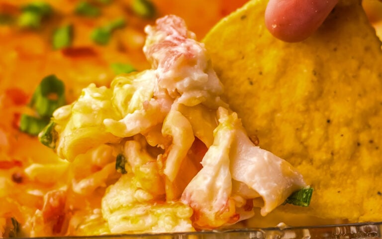 Close-up of a hand dipping a tortilla chip into a cheesy, creamy baked dish topped with chopped green onions.