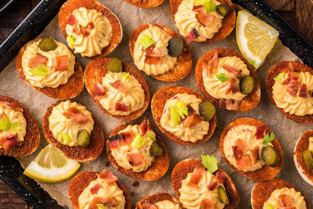A tray of loaded deviled eggs topped with bacon bits, pickles, and herbs, garnished with lemon wedges.