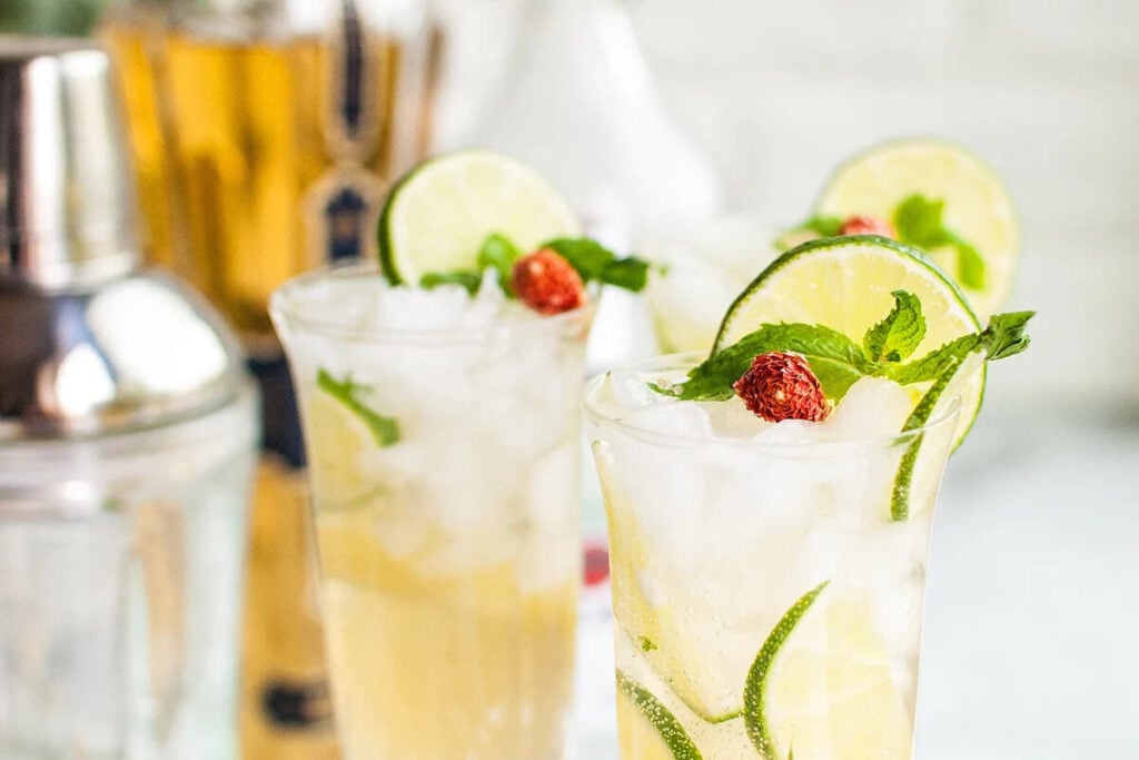 Two iced cocktails—fancy mojitos with St. Germain elderflower liqueur—garnished with lime slices, mint leaves, and berries, with a shaker in the background.