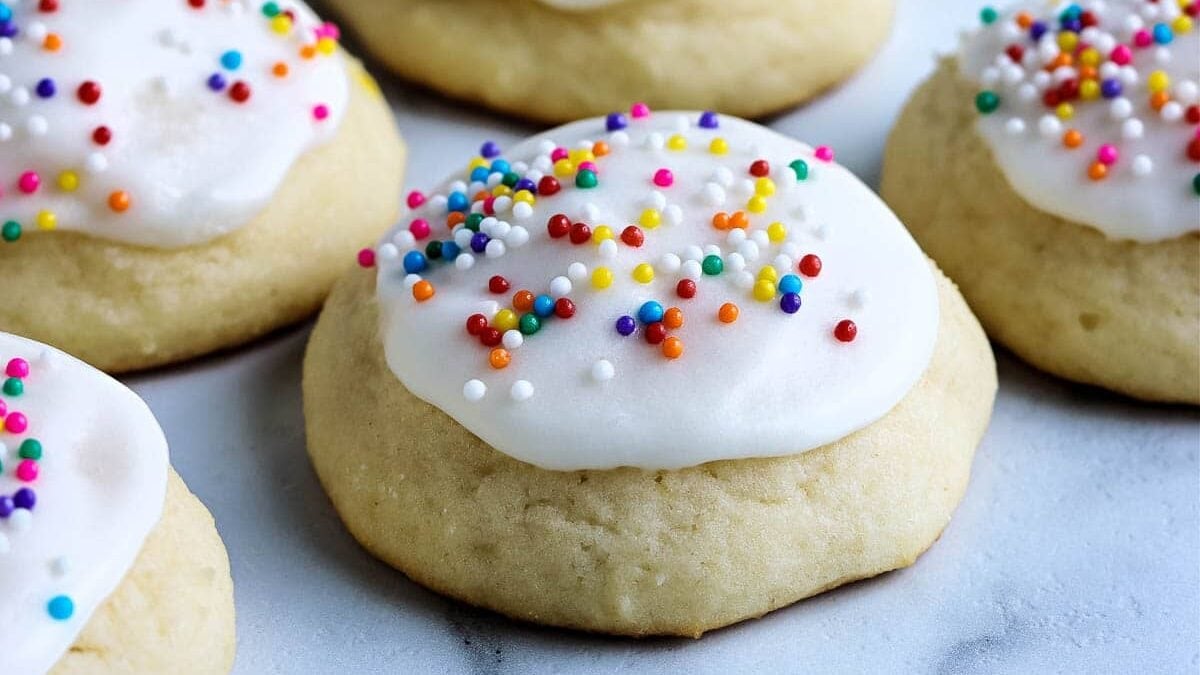 Ricotta Cookies decorated with Christmas sprinkles.