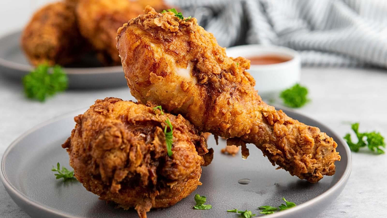 Two pieces of crispy fried chicken on a gray plate, garnished with parsley, with a small bowl of sauce and a striped cloth in the background.